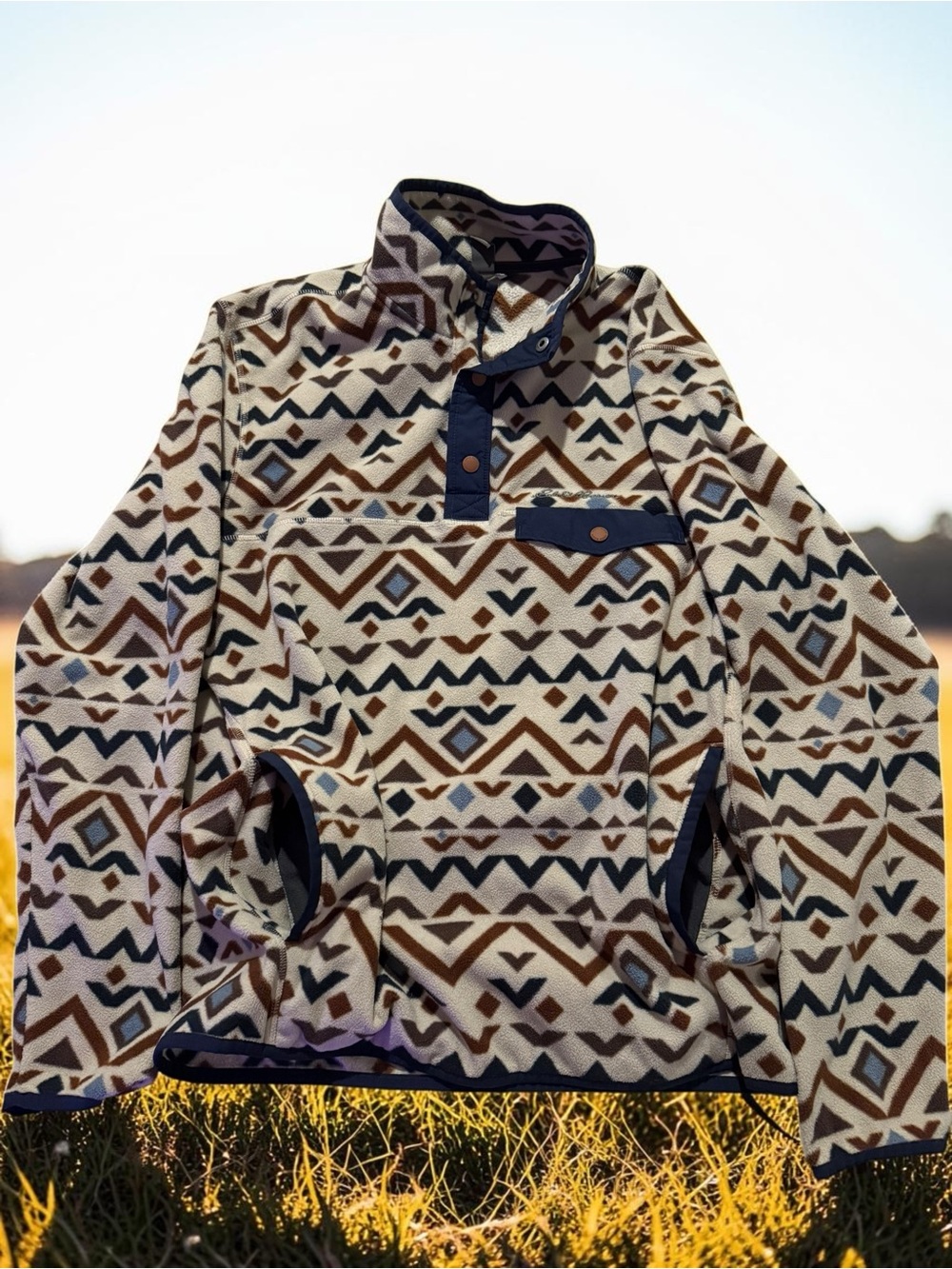 Eddie Bauer Cream, Brown & Navy Geometric Fleece Pullover